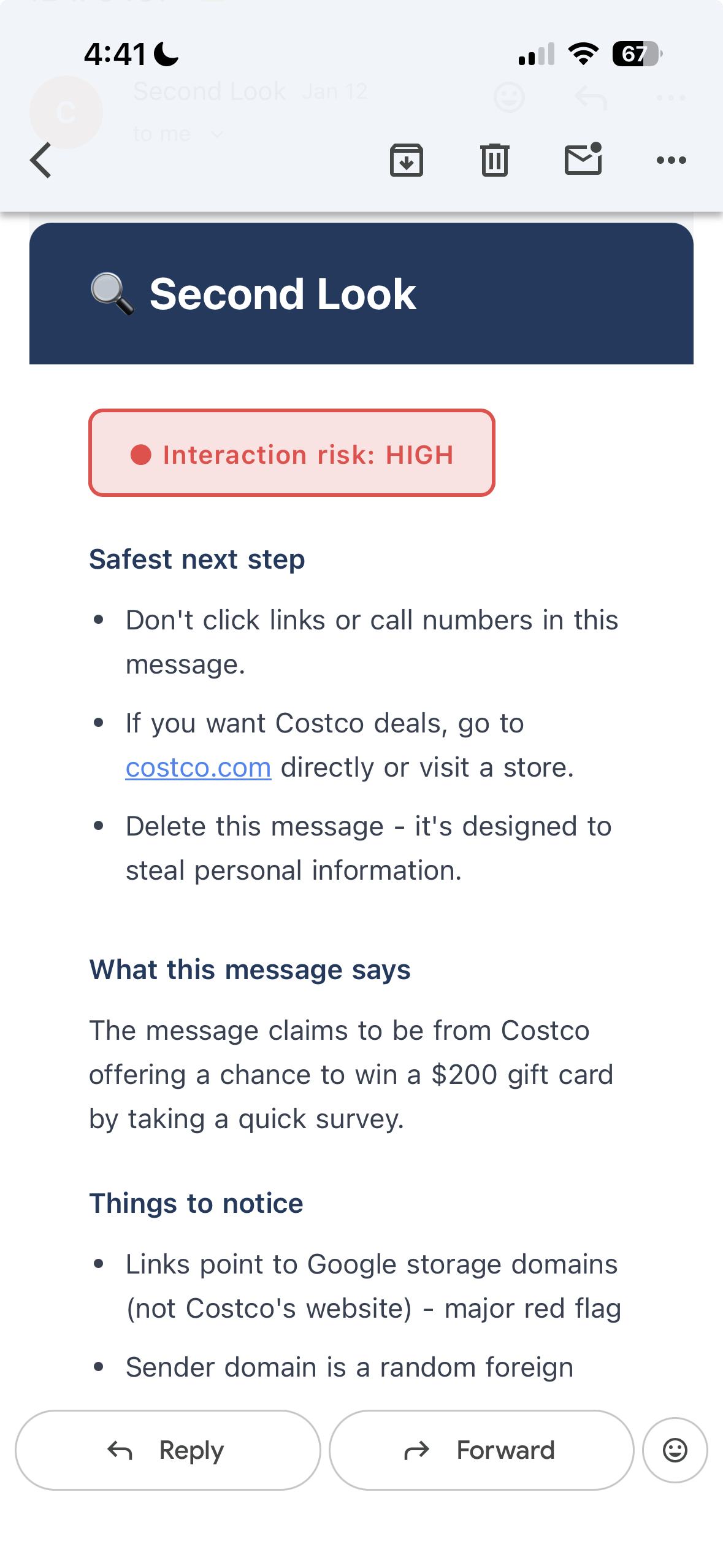 Screenshot of Second Look analyzing a suspicious email